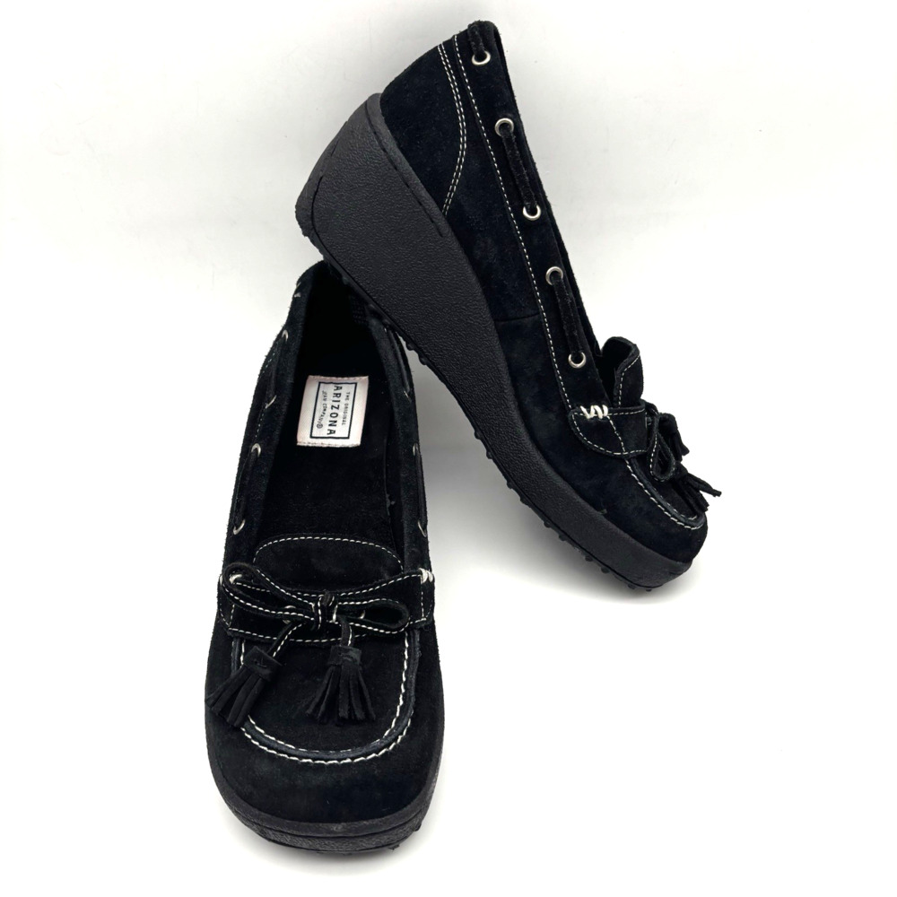 Vintage 90s Y2K Arizona Jean Co Black Suede Platform Wedge Tassel Loafer 8M